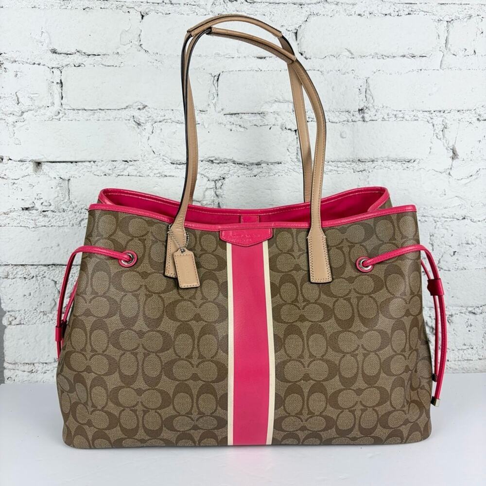 Coach Brown Pink Canvas Large Tote Signature Stripe Weekender Carryall Bag 30521